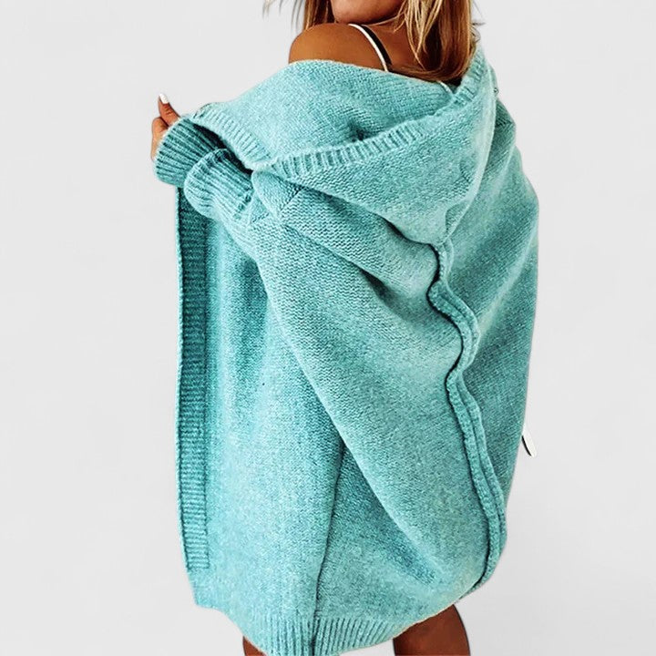 Women's oversized knit cardigan with a hood and open front - turquoise