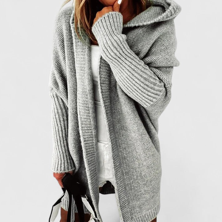 Women's oversized knit cardigan with a hood and open front - grey