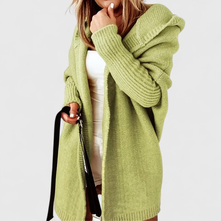 Women's oversized knit cardigan with a hood and open front - lime green