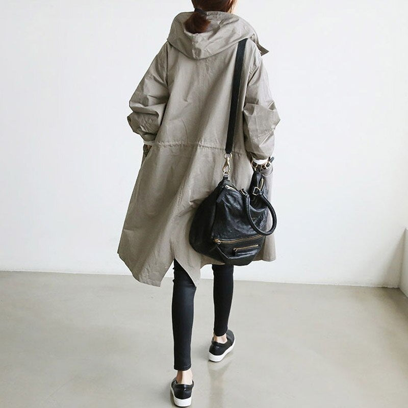 Women's oversized hooded trench coat with a button front - stone grey