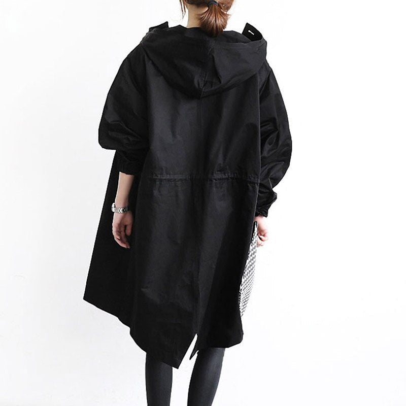 Women's oversized hooded trench coat with a button front - black