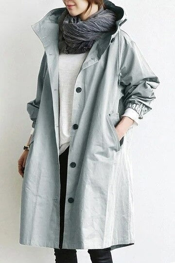 Women's oversized hooded trench coat with a button front - light blue