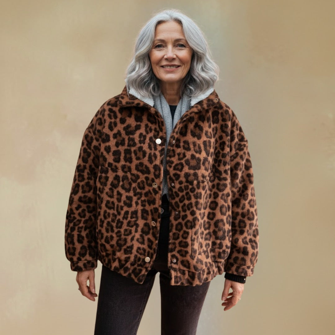 Women's oversized leopard print jacket with press studs - leopard print