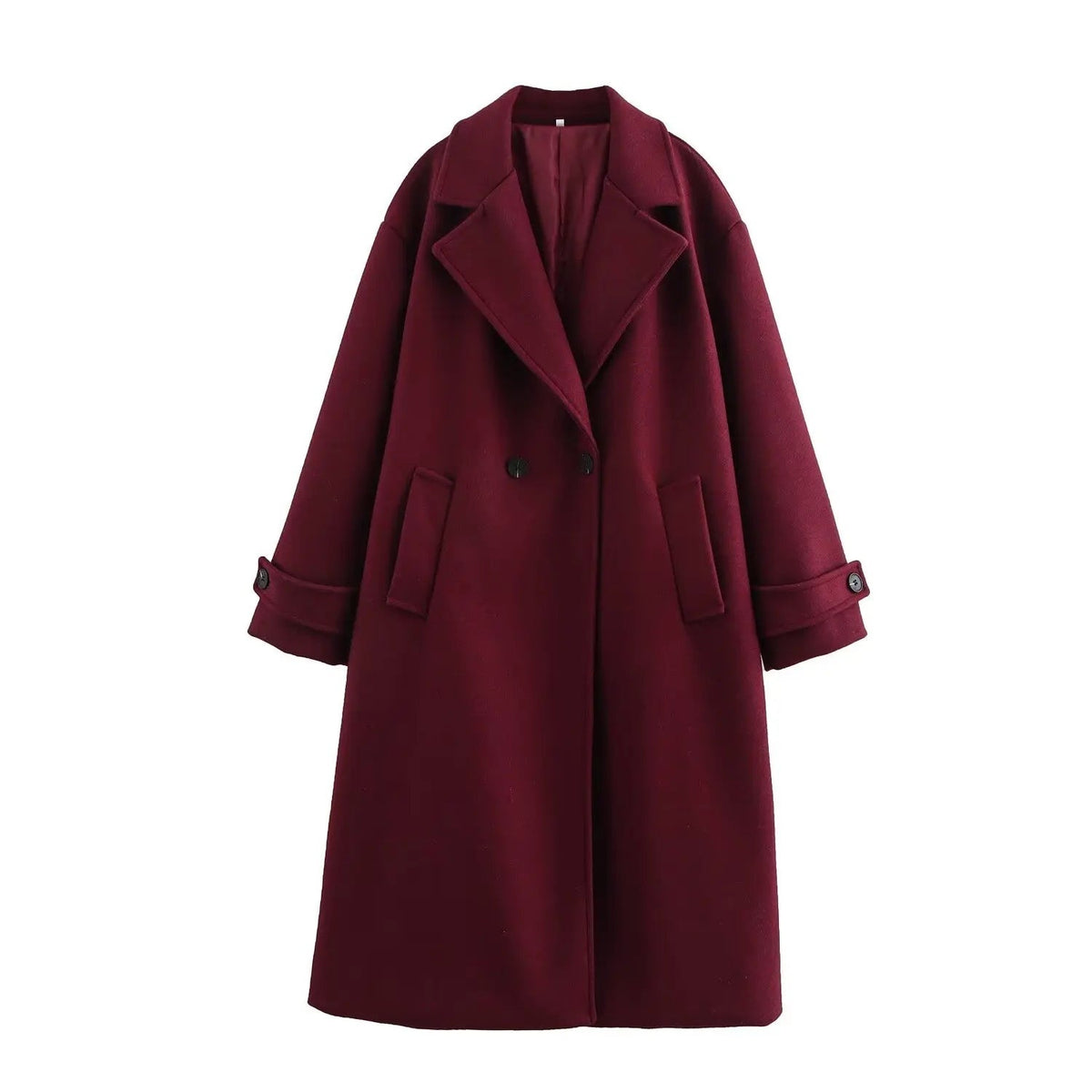 Women's oversized longline wool-look coat with wide lapels - burgundy