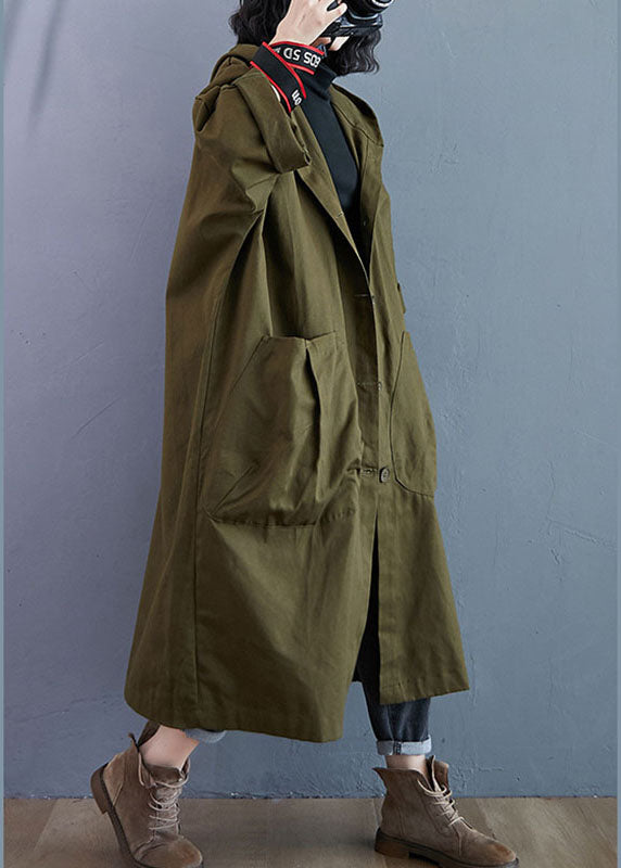 Women's oversized longline hooded coat with a button front and patch pockets