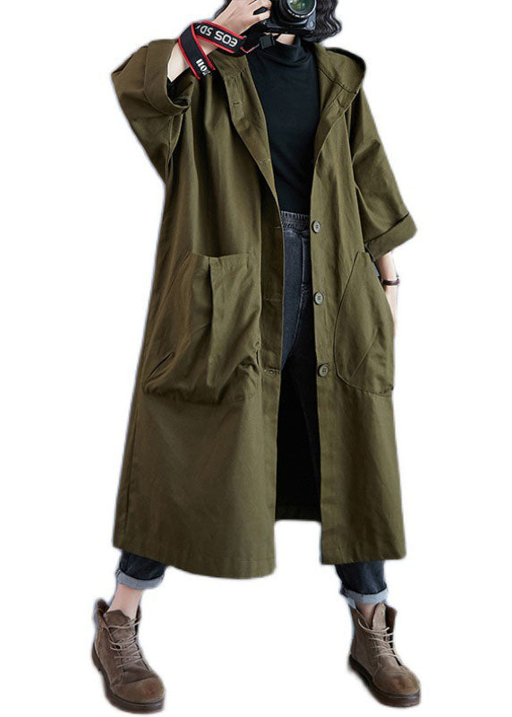 Women's oversized longline hooded coat with a button front and patch pockets