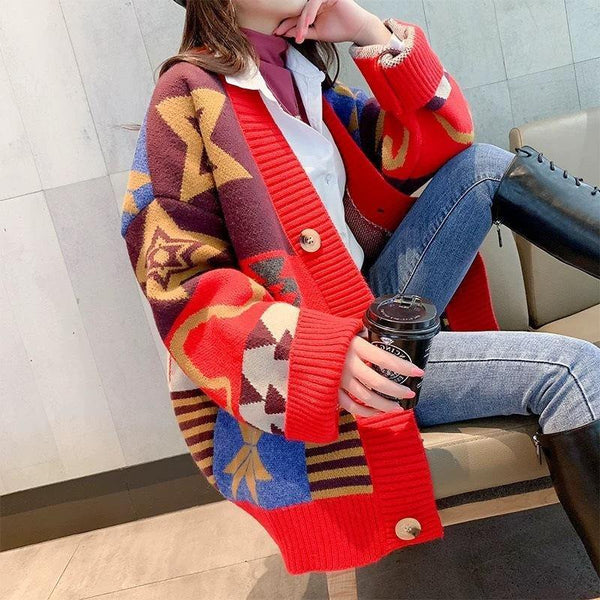 Women's oversized knitted Christmas cardigan in patchwork with stars and snowflakes