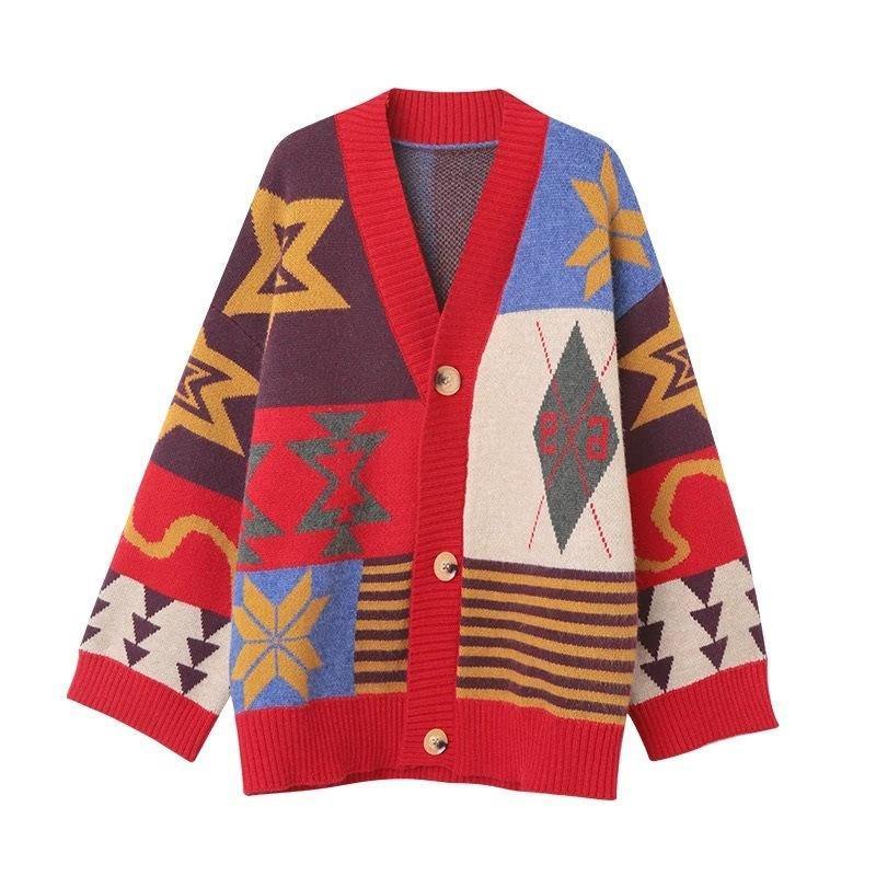 Women's oversized knitted Christmas cardigan in patchwork with stars and snowflakes - red patchwork