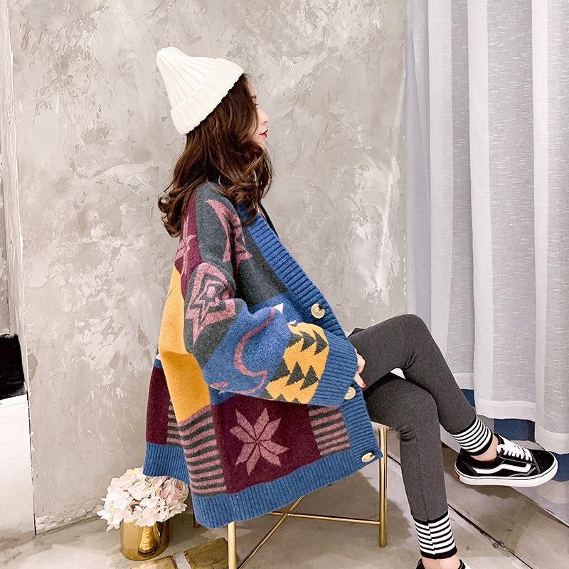 Women's oversized knitted Christmas cardigan in patchwork with stars and snowflakes - blue patchwork