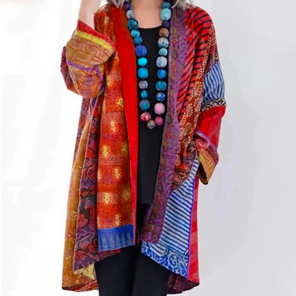 Women's oversized patchwork print cardigan with an open front - red