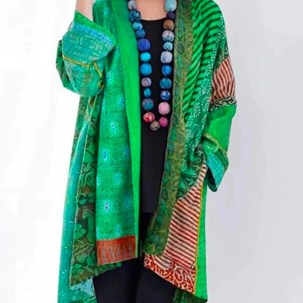 Women's oversized patchwork print cardigan with an open front - green