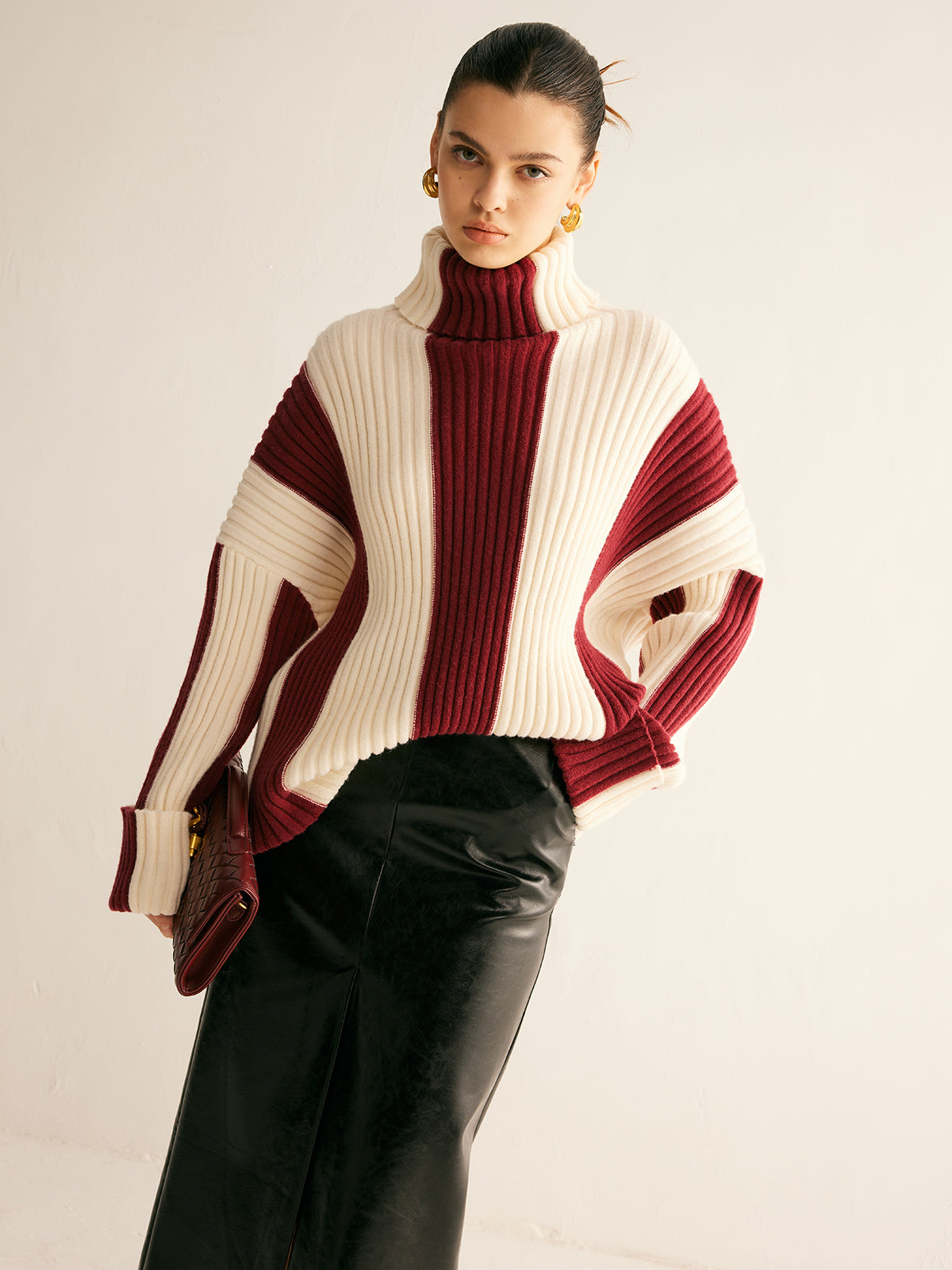 Women's oversized roll neck jumper with vertical colour blocks in chunky rib - burgundy/cream