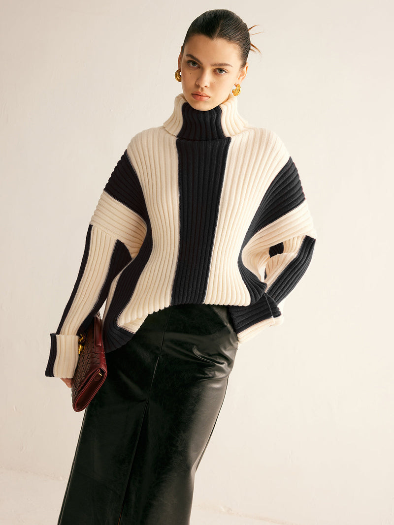 Women's oversized roll neck jumper with vertical colour blocks in chunky rib - navy/cream