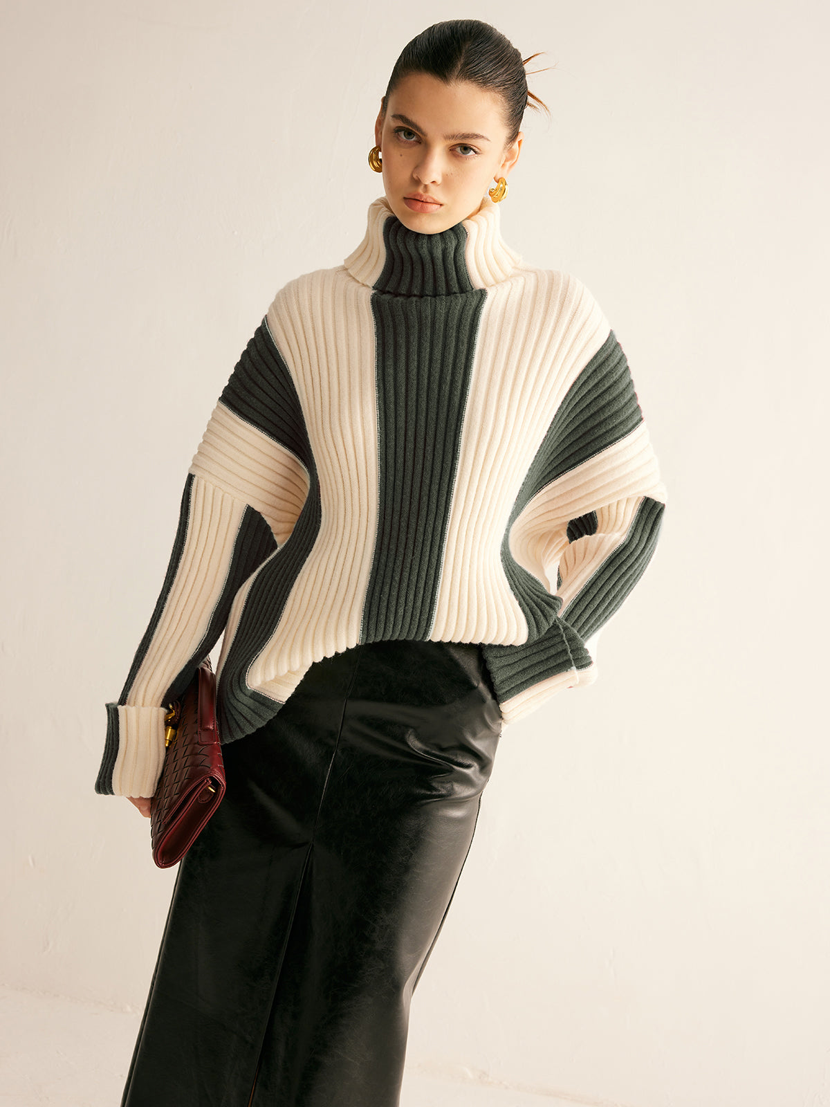 Women's oversized roll neck jumper with vertical colour blocks in chunky rib - dark green/cream
