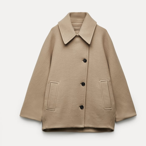 Women's oversized short coat in wool look with a point collar and wide sleeves - camel