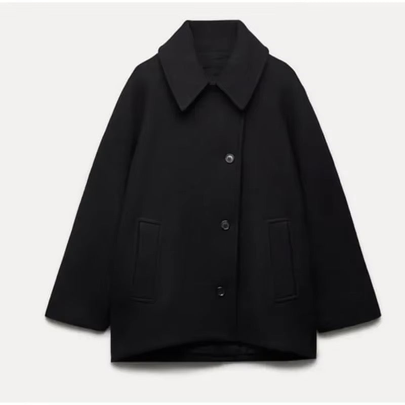 Women's oversized short coat in wool look with a point collar and wide sleeves - black