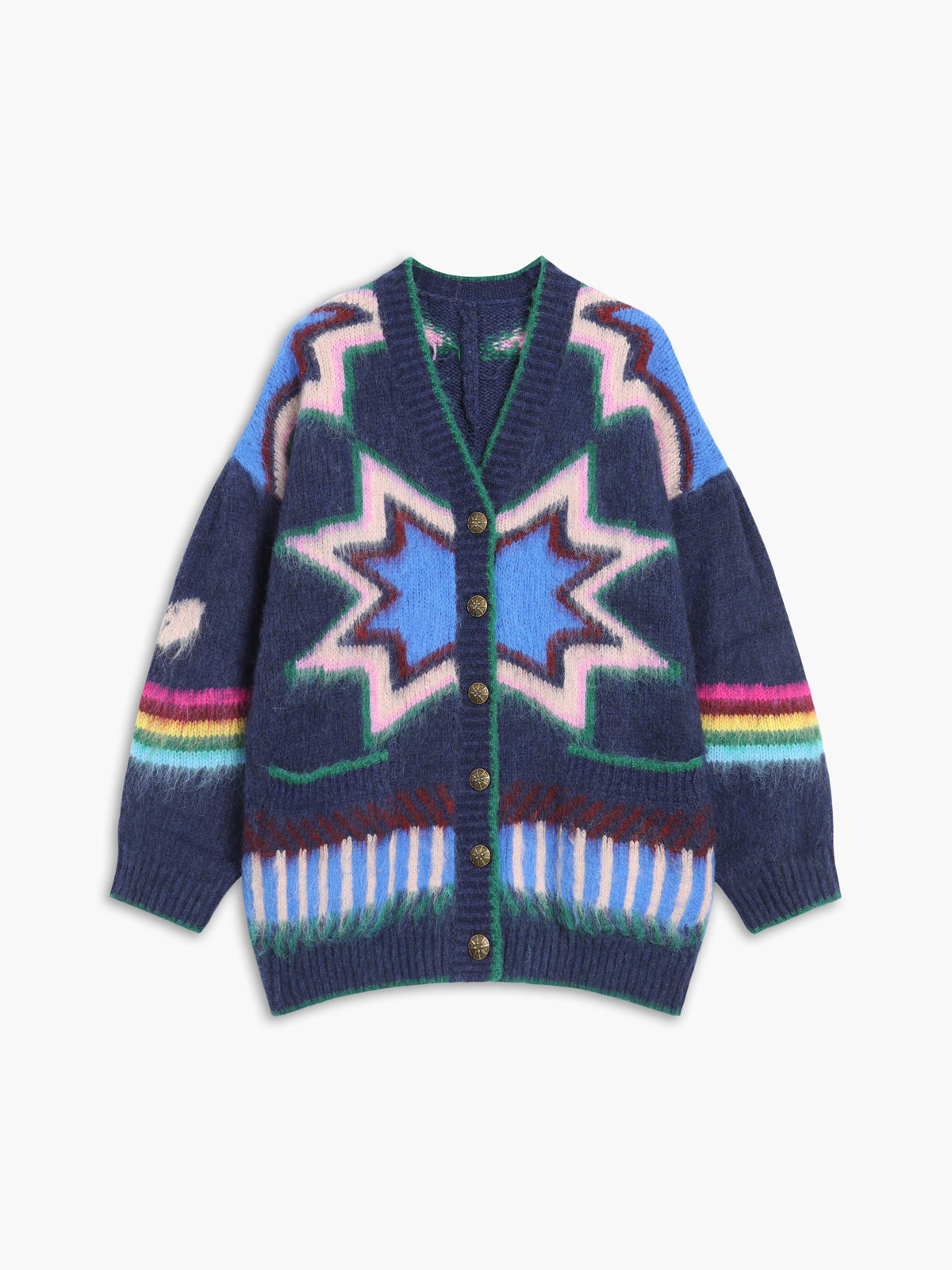 Women's oversized cardigan with a knitted star pattern, V-neck and patch pockets - navy