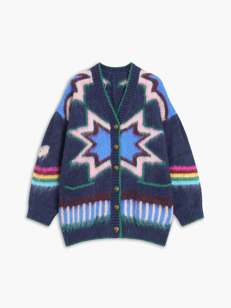 Women's oversized cardigan with a knitted star pattern, V-neck and patch pockets - navy