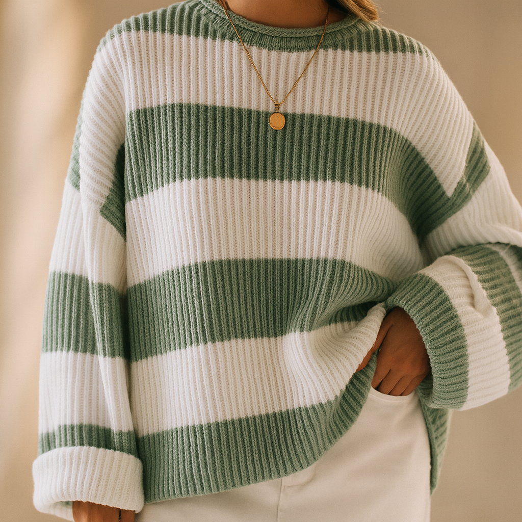 Women's oversized striped jumper with a round neck - sage