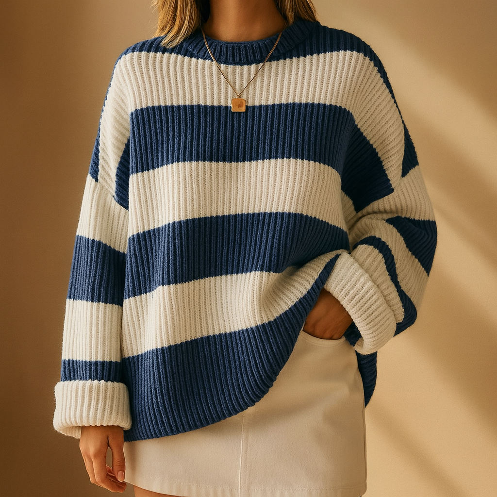 Women's oversized striped jumper with a round neck - navy