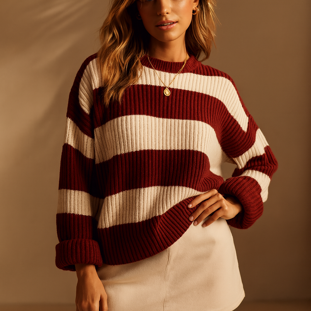 Women's oversized striped jumper with a round neck - burgundy