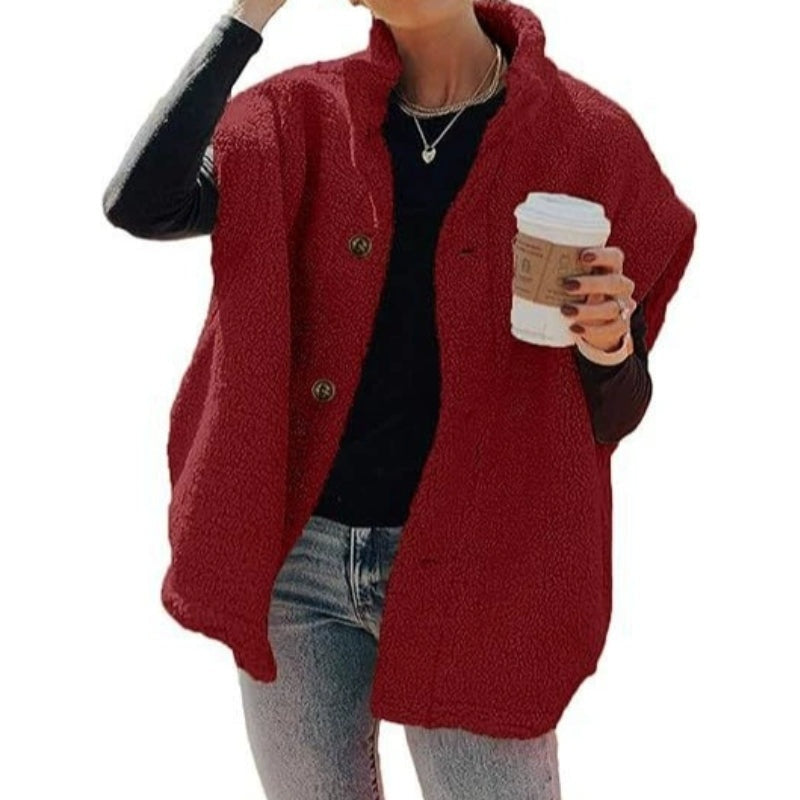 Oversized teddy gilet in sherpa fleece with a stand collar, buttons and patch pockets - red