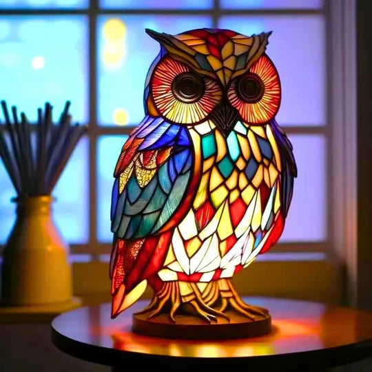 Owl lamp in a stained glass look with red, blue and yellow panels on a round base