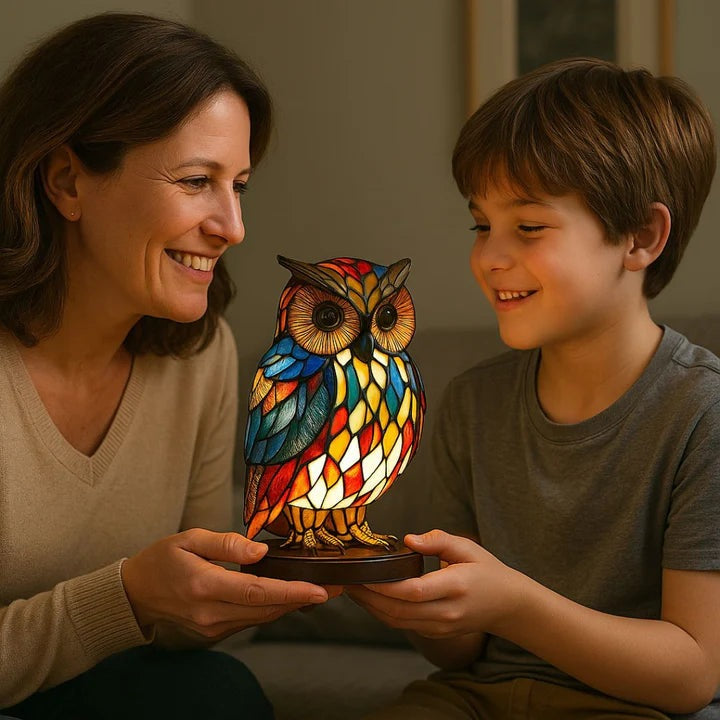 Owl lamp in a stained glass look with red, blue and yellow panels on a round base