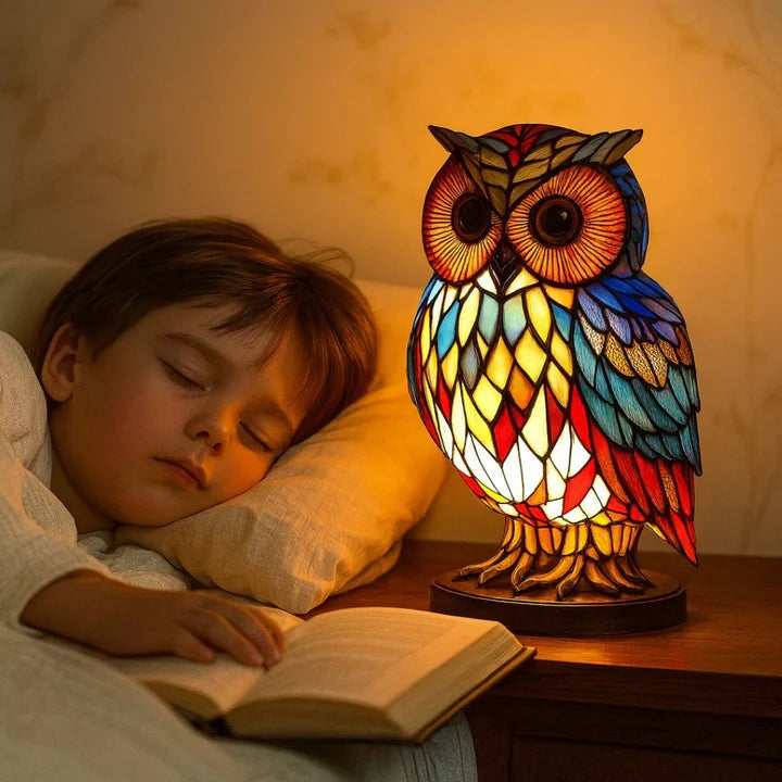 Owl lamp in a stained glass look with red, blue and yellow panels on a round base