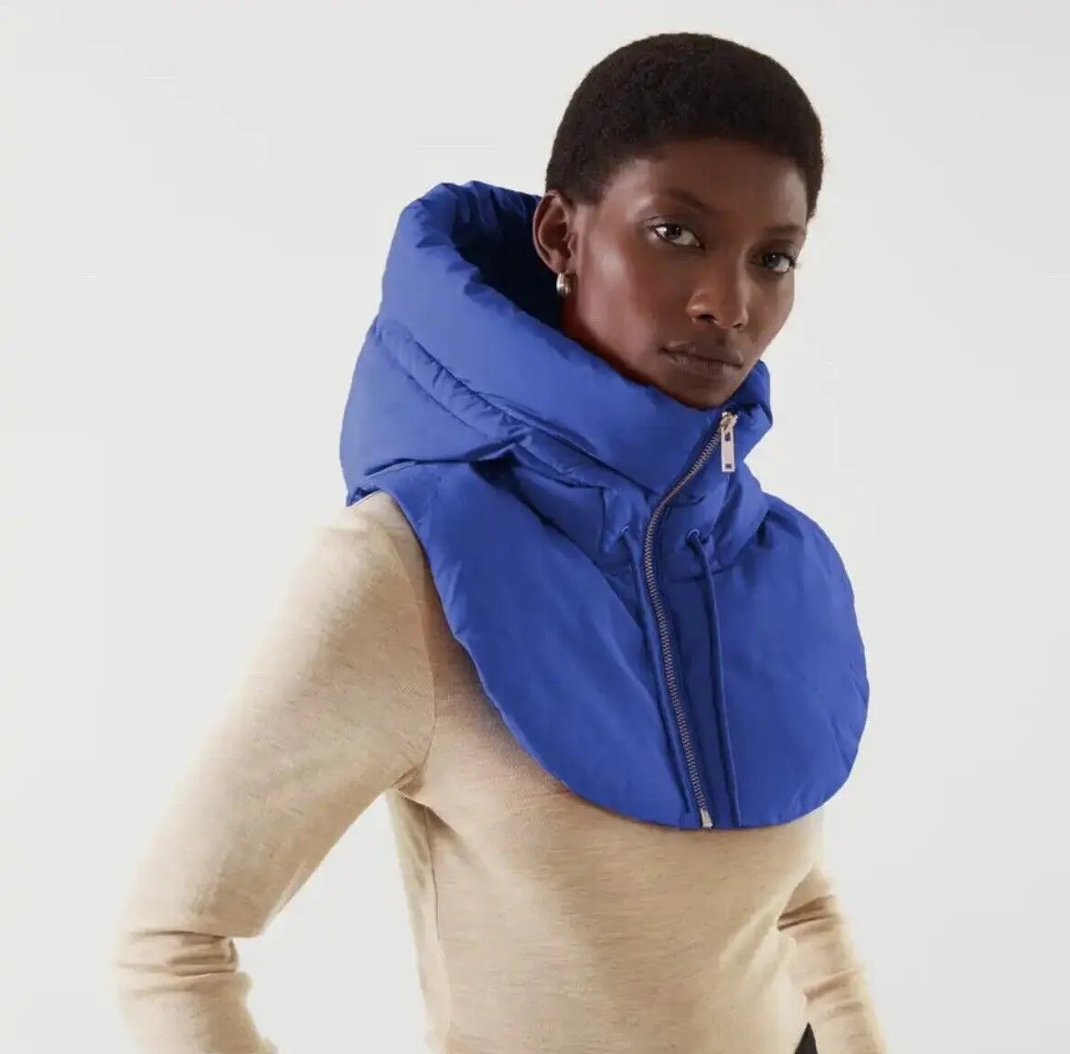 Women's padded hooded scarf with high collar, zip and drawstring - cobalt blue