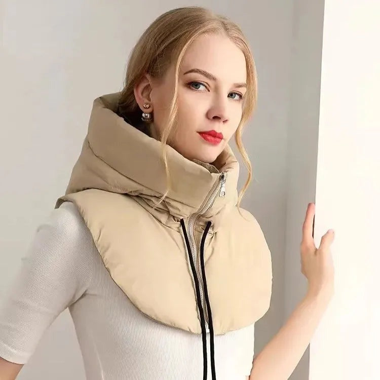 Women's padded hooded scarf with high collar, zip and drawstring - beige