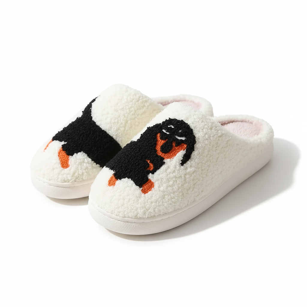 Embroidered dog and cat slippers in teddy fleece in dachshund