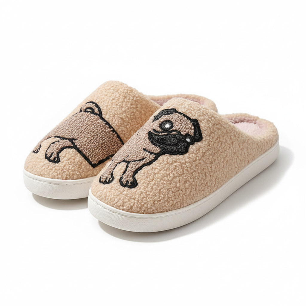 Embroidered dog and cat slippers in teddy fleece in pug