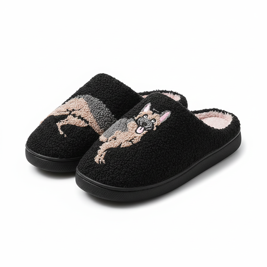Embroidered dog and cat slippers in teddy fleece in german shepherd