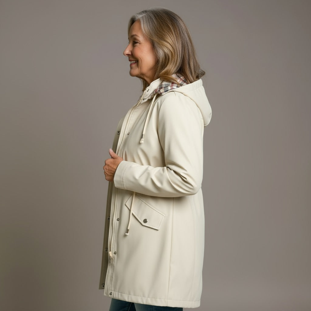 Women's parka with a detachable hood and drawstring waist - cream