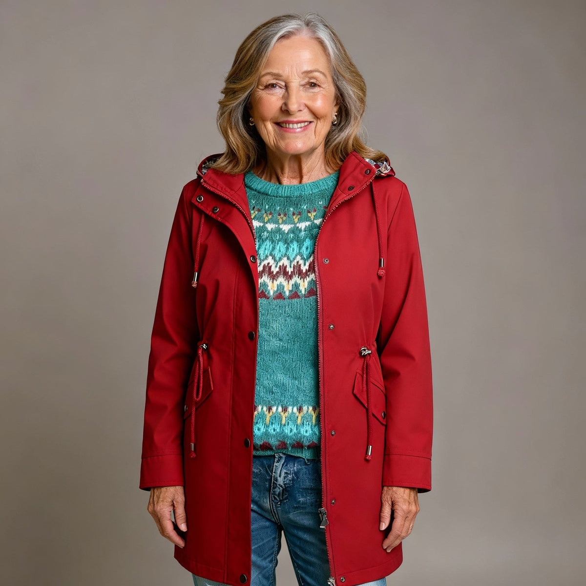 Women's parka with a detachable hood and drawstring waist - red