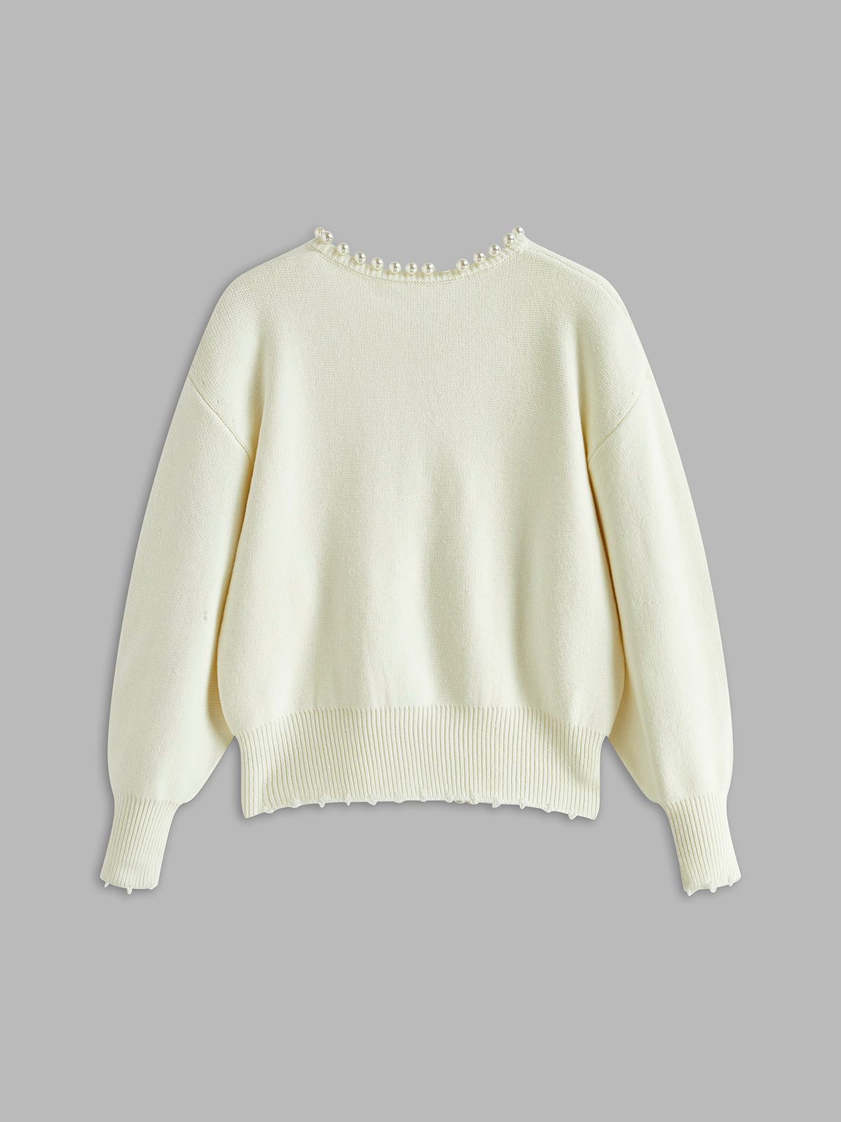 Women's short cardigan with a round neck, pearl trim and balloon sleeves
