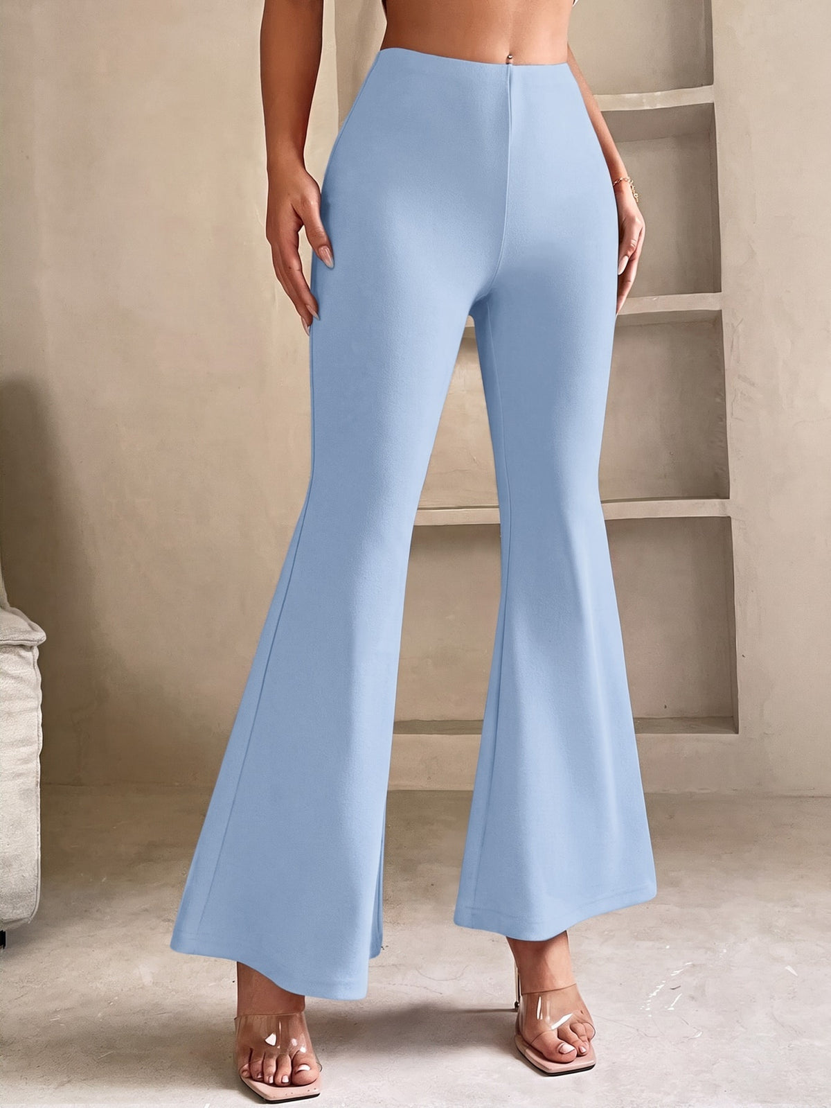 Petite flared trousers for women in stretch knit with an elastic waist - light blue
