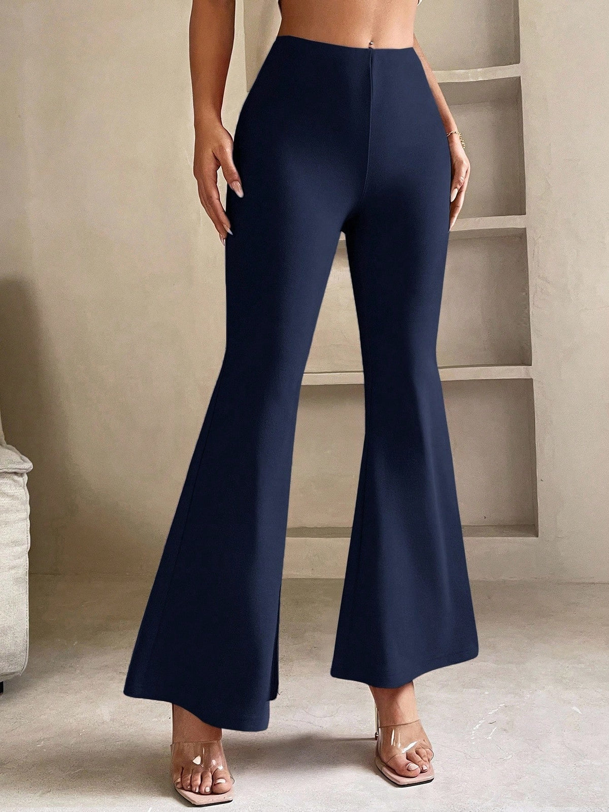 Petite flared trousers for women in stretch knit with an elastic waist - navy
