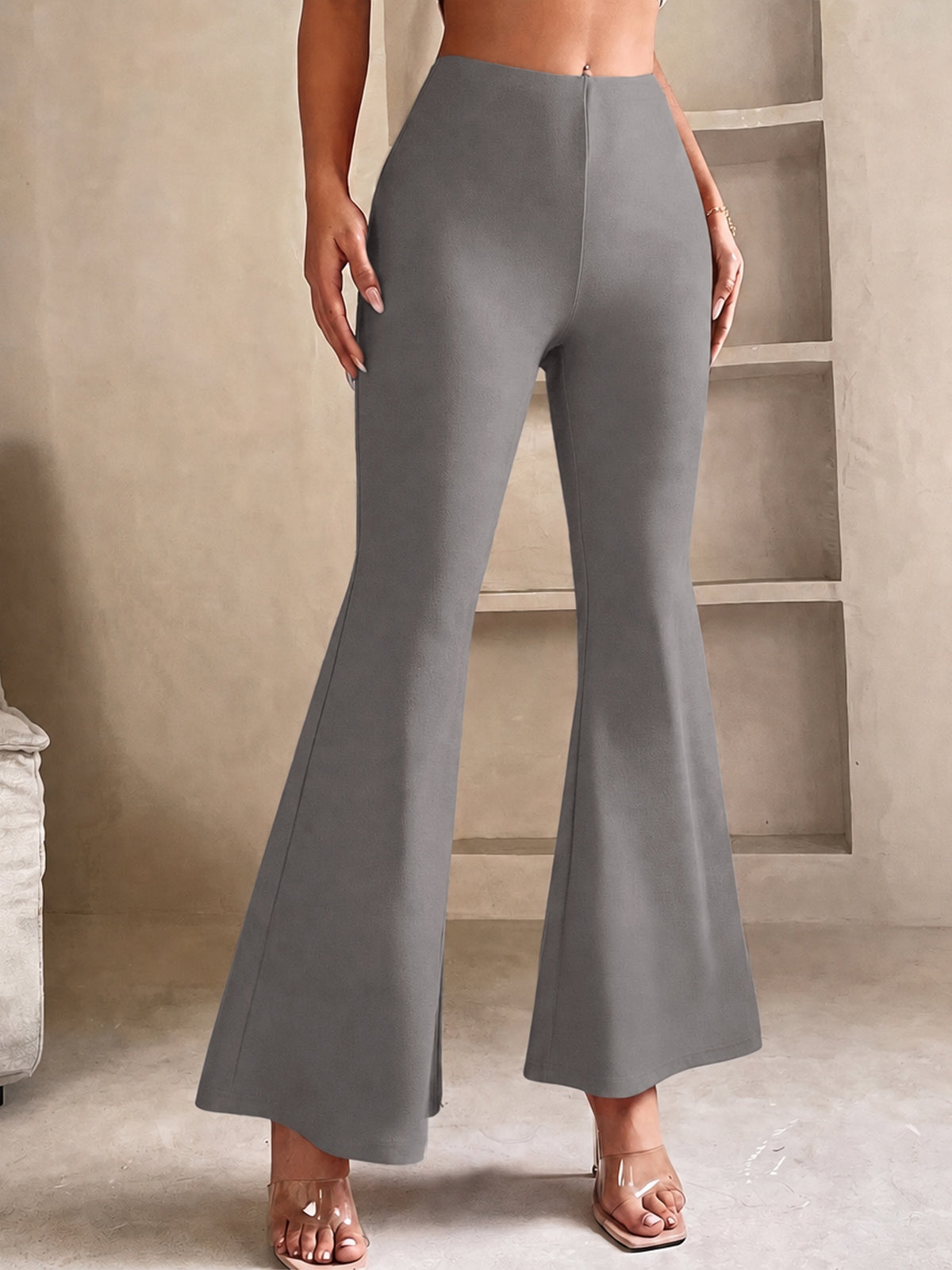 Petite flared trousers for women in stretch knit with an elastic waist - grey