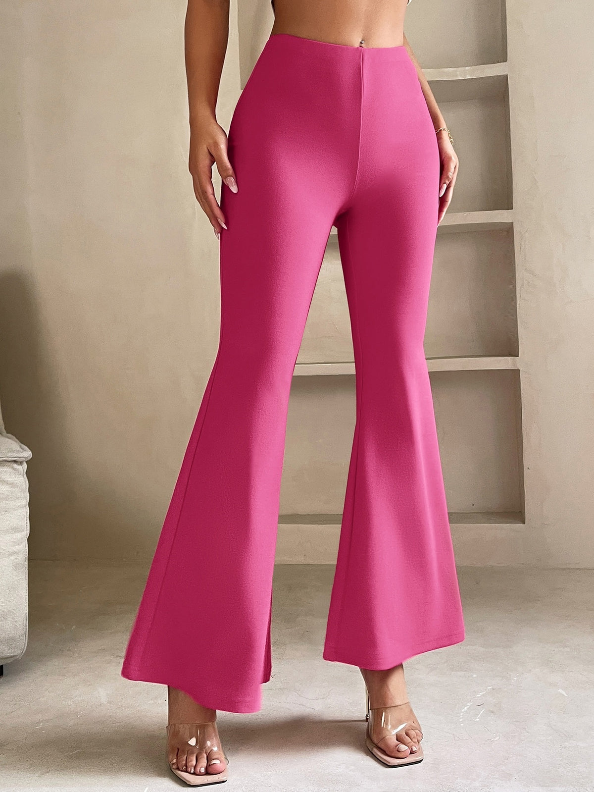 Petite flared trousers for women in stretch knit with an elastic waist - fuchsia