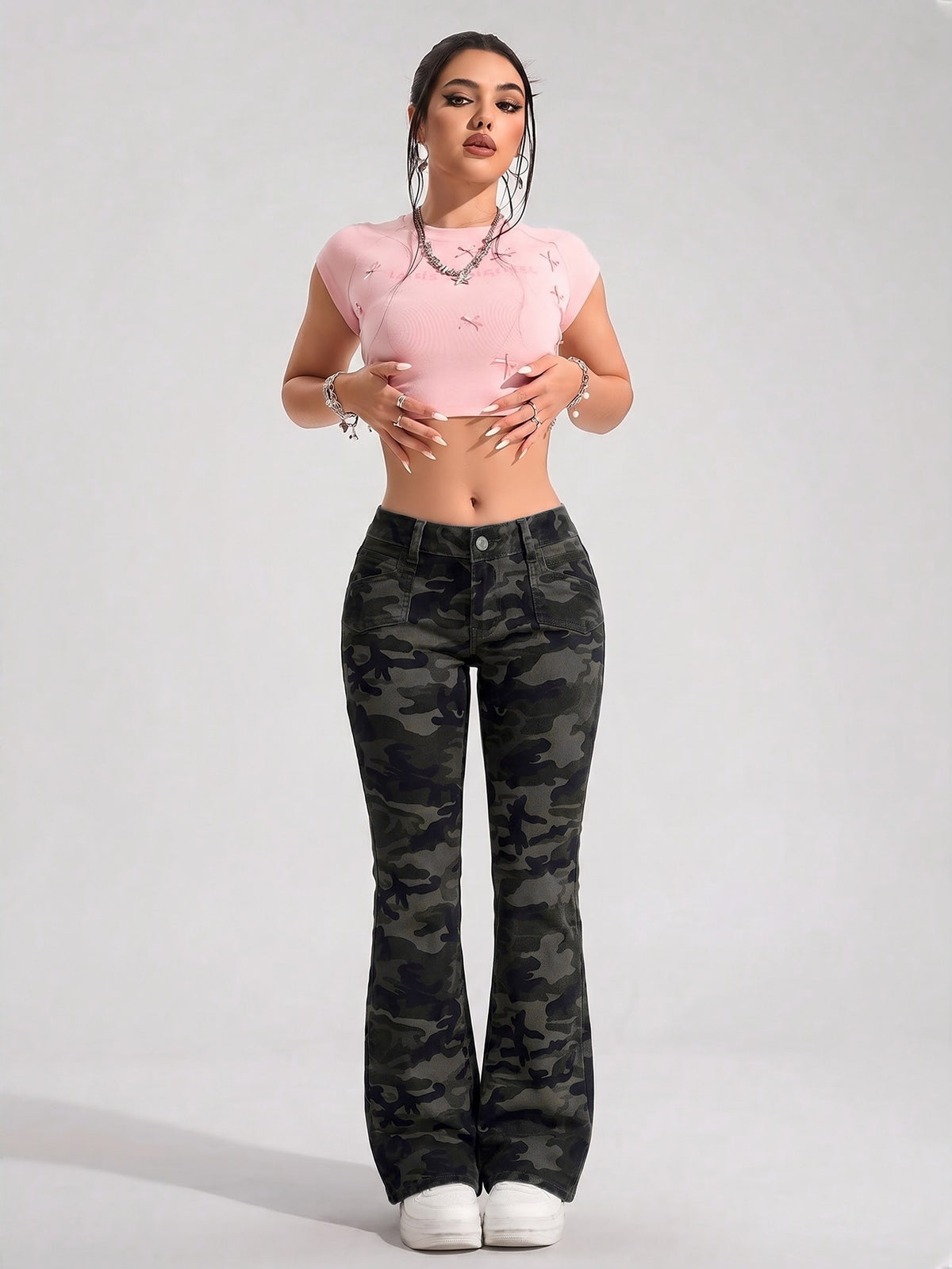 Petite low rise flared jeans for women with a leg that flares from the knee - camo