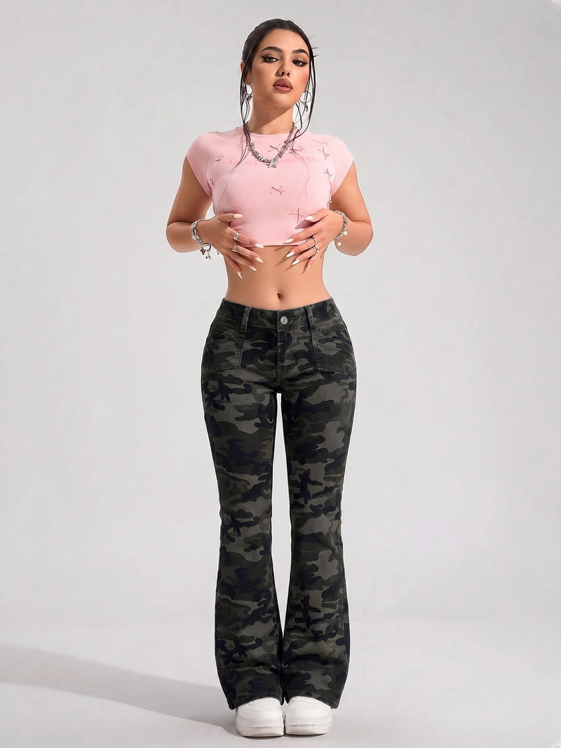 Petite low rise flared jeans for women with a leg that flares from the knee - camo