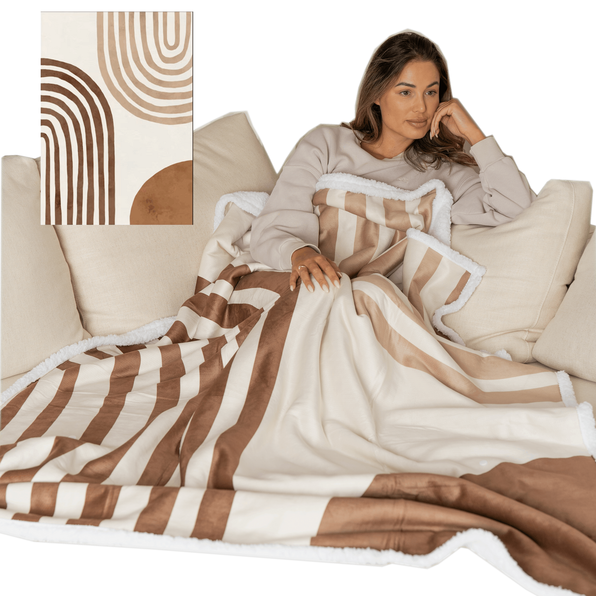 Sherpa throw blanket with a snap-on foot pocket in cappuccino