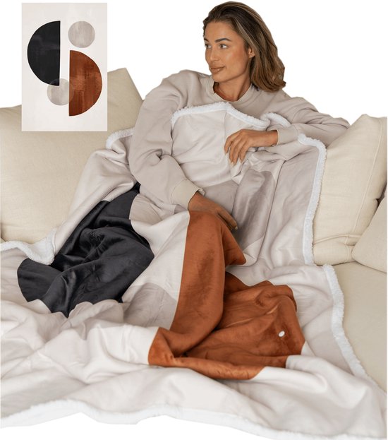 Sherpa throw blanket with a snap-on foot pocket in rust & grey