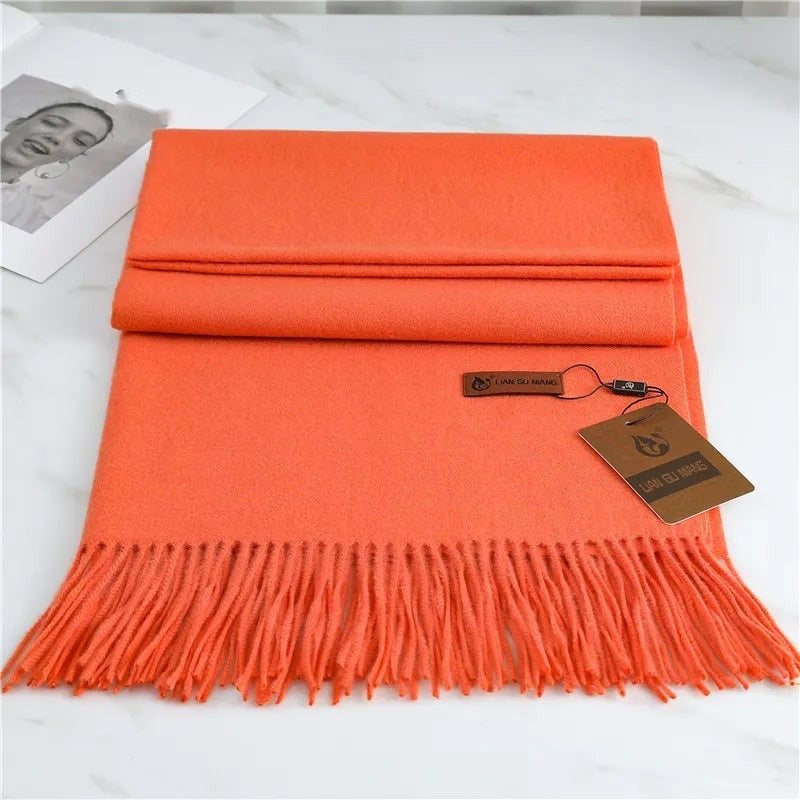 Women's plain woven scarf in a dense fabric with fringe at both ends - orange