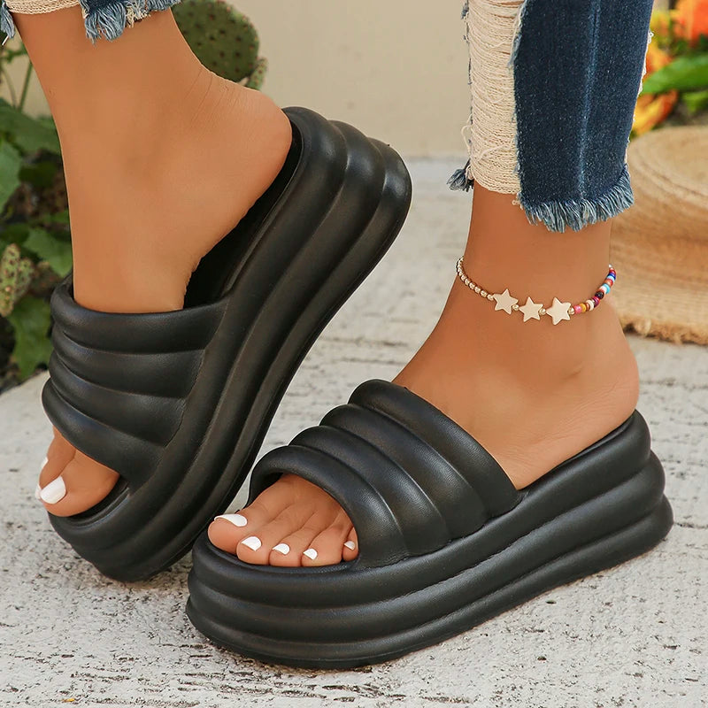 Platform sliders with a layered sole and wide ribbed band - view 5