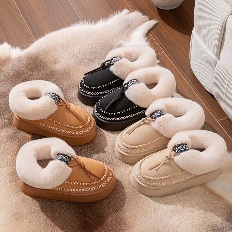 Women's platform slipper boots in a suede look with plush collar, contrast stitching and thick sole - view 2