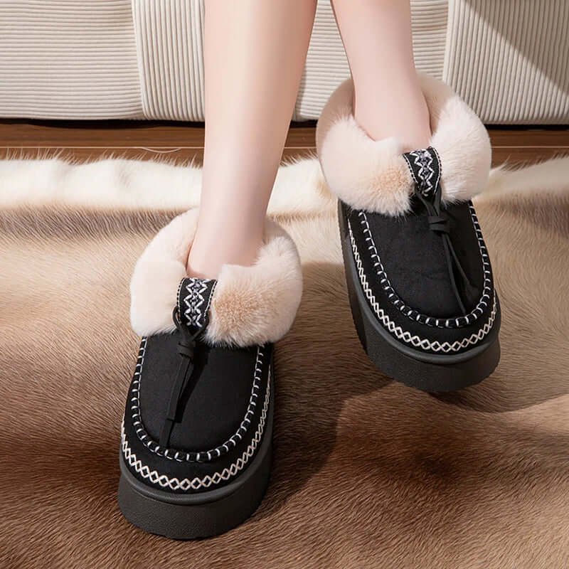 Women's platform slipper boots in a suede look with plush collar, contrast stitching and thick sole - view 3