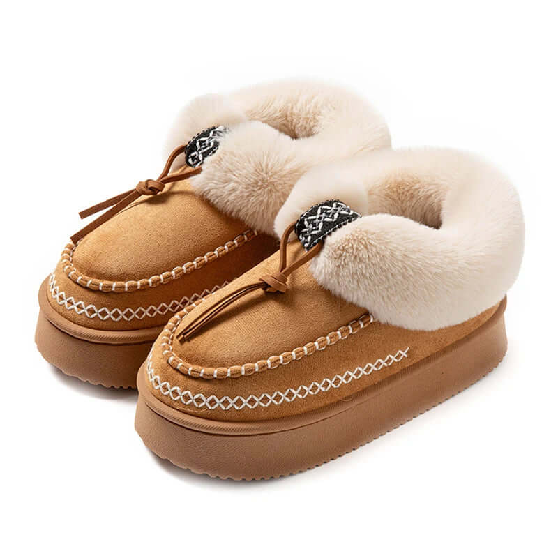Women's platform slipper boots in a suede look with plush collar, contrast stitching and thick sole - view 6